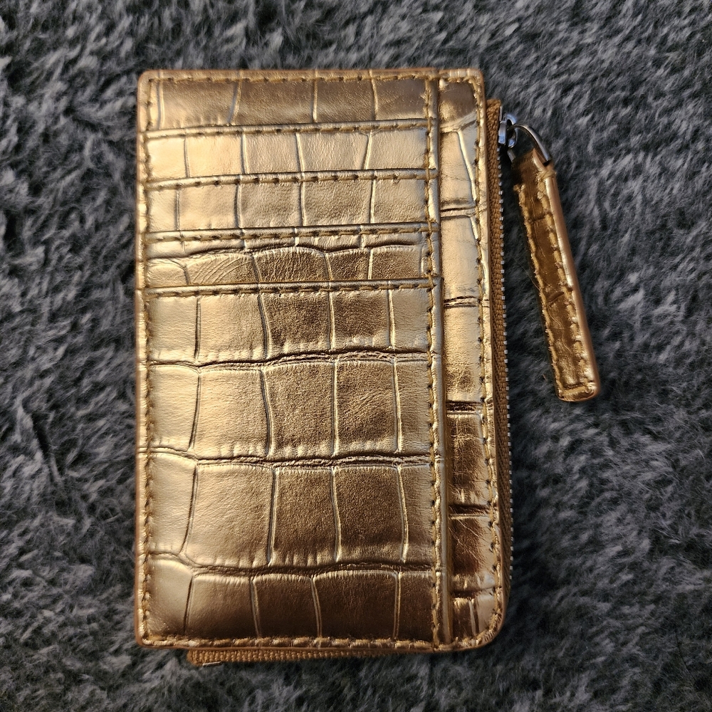 Madewell Zip Card Case Holder Gold Metallic Crocodile Embossed